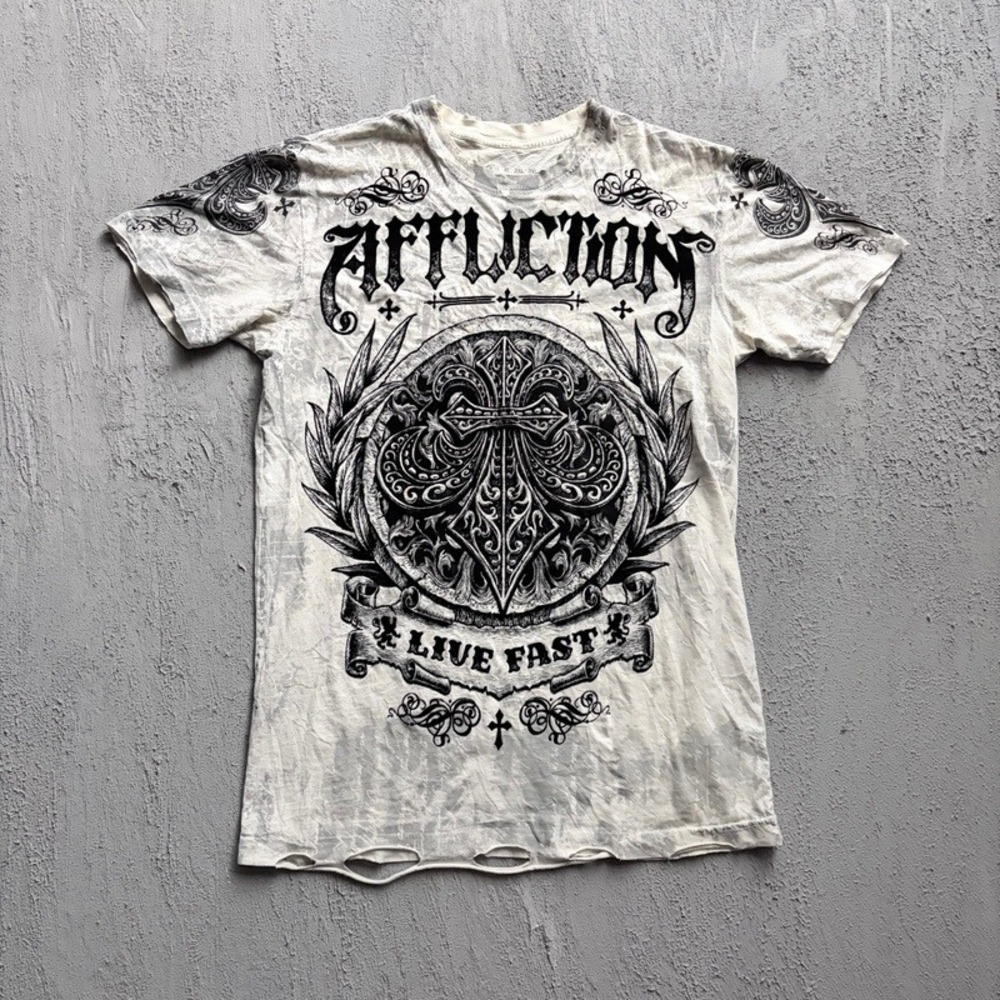 Affliction Shirt Medium White 2000s Y2K Live Fast  Distressed USA